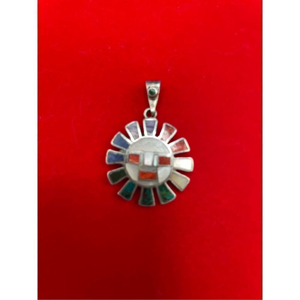 Vintage Sun Pendant Silver Real Turquoise Azurite Sugilite Coral Aztec 950 Rare